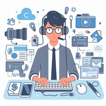 Vector illustration of call center operator with headset working on computer. Flat style design.のイラスト素材