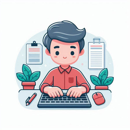 Businessman working on laptop at office. Vector illustration in cartoon styleのイラスト素材