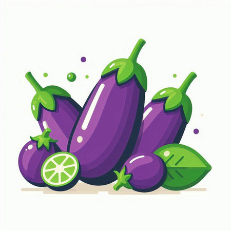 Vector illustration of purple eggplants and lime on white background.のイラスト素材