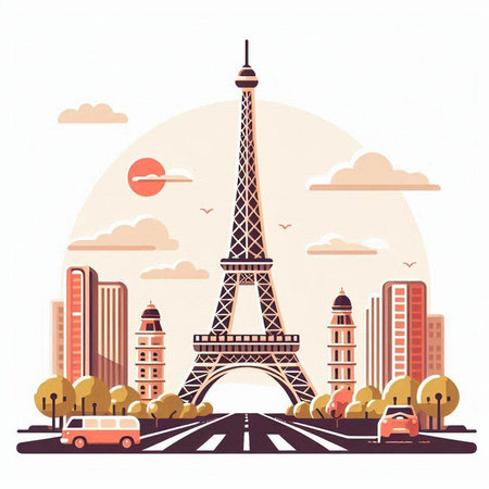 Eiffel Tower, Paris, France. Vector illustration in flat styleのイラスト素材