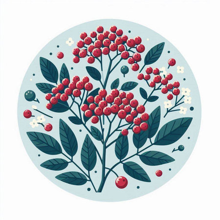 Branch of rowan with red berries and green leaves. Vector illustration.のイラスト素材