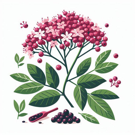 Sambucus branch with flowers and leaves. Vector illustration.のイラスト素材