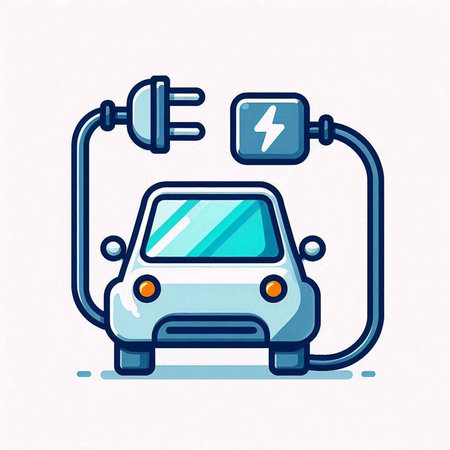 Electric car with electric plug. Vector illustration in cartoon comic style.のイラスト素材