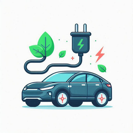 Electric car with electric plug and green leaves. Ecology concept. Vector illustration.のイラスト素材