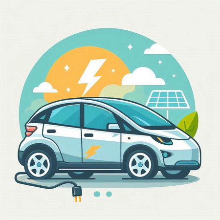 Electric car charging with solar panels in the background. Vector illustration.のイラスト素材