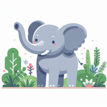 Cute elephant in the jungle. Cartoon vector illustration on white background.のイラスト素材