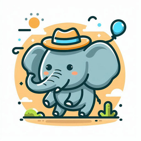 Cute cartoon elephant with hat. Vector illustration in flat style.のイラスト素材