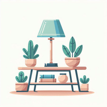 Flat design vector illustration of cozy home interior with table lamp and plants.のイラスト素材