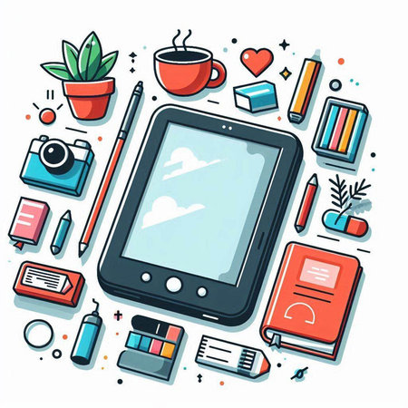 Colorful vector illustration of modern digital tablet, mobile phone and office supplies.のイラスト素材