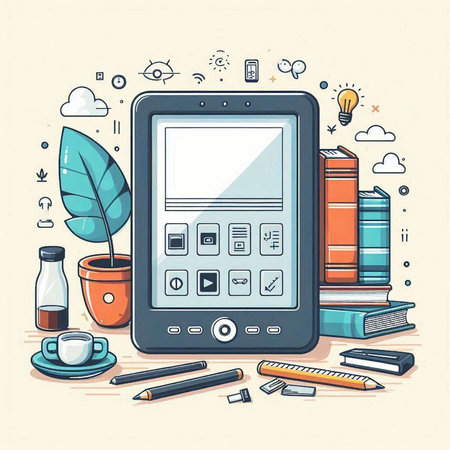 Tablet computer and office supplies. Vector illustration in line art style.のイラスト素材