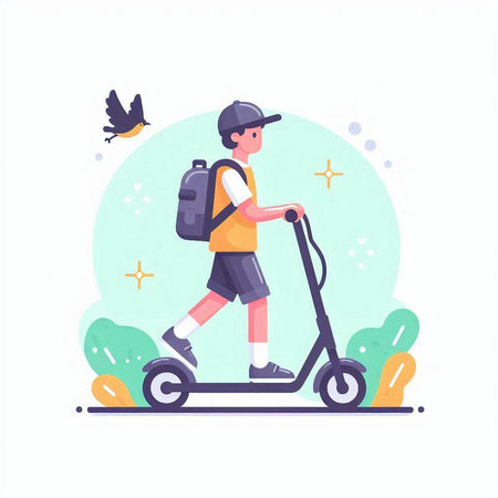 Boy riding electric scooter. Vector illustration in flat cartoon style.のイラスト素材