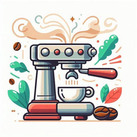 Coffee machine with coffee beans and leaves. Vector illustration.のイラスト素材