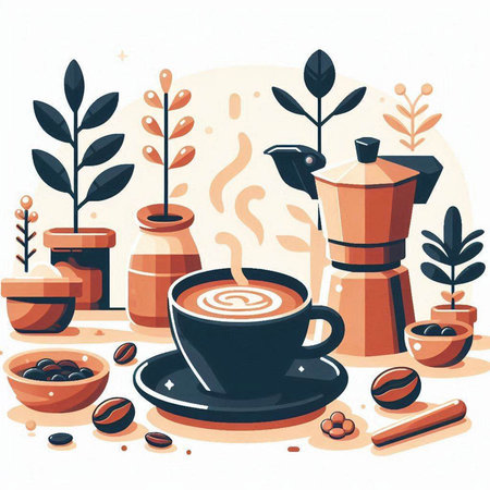 Coffee time. Cappuccino and coffee beans. Vector illustrationのイラスト素材