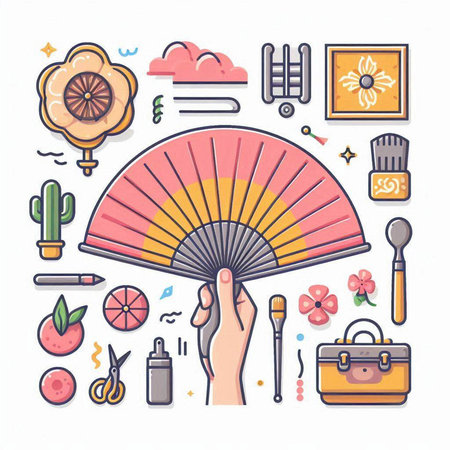 Hand drawn vector illustration in line art style with hand fan, japanese fan, lotus flower, japanese lantern and other elements.のイラスト素材