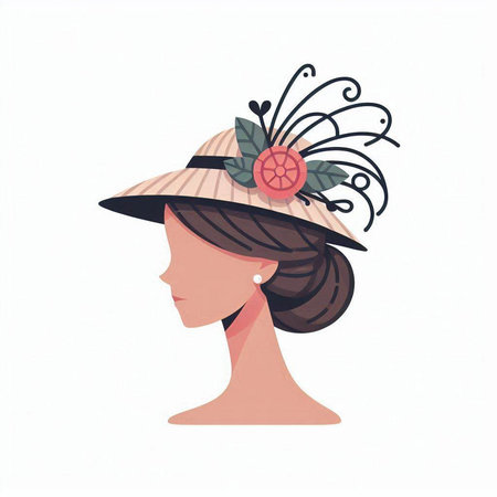 Beautiful woman in hat with flower in hair. Vector illustration.のイラスト素材