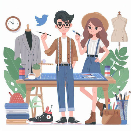 Fashion designer woman and man working at the studio. Vector illustrationのイラスト素材