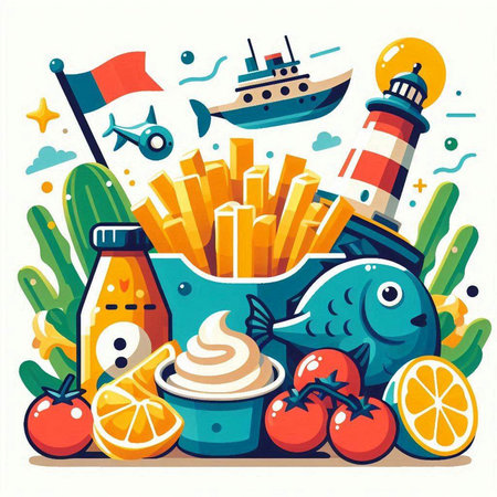 Vector illustration of healthy food. Lighthouse, fish, french fries, sauce, fish, tomato, lemon, cucumber, pepper.のイラスト素材