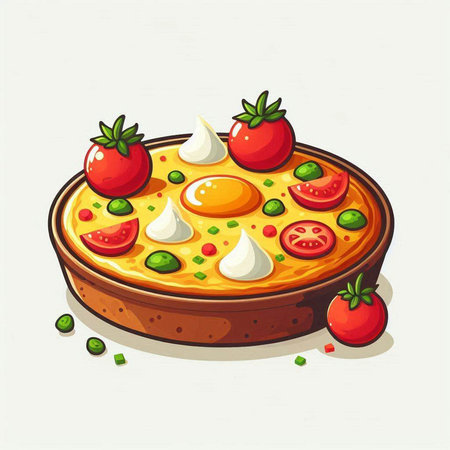 Illustration of a pie with tomato, mozzarella and green peasのイラスト素材