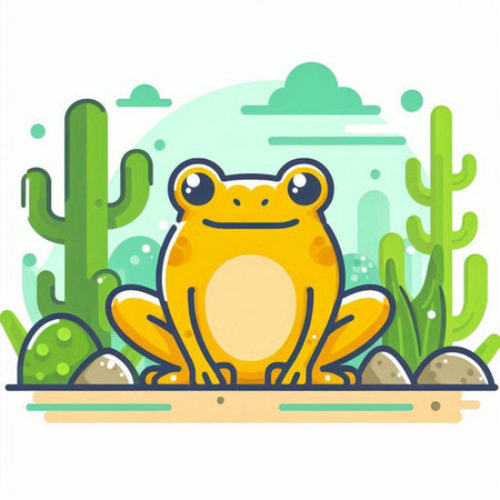 Cute cartoon frog on the background of cactuses. Vector illustration.のイラスト素材