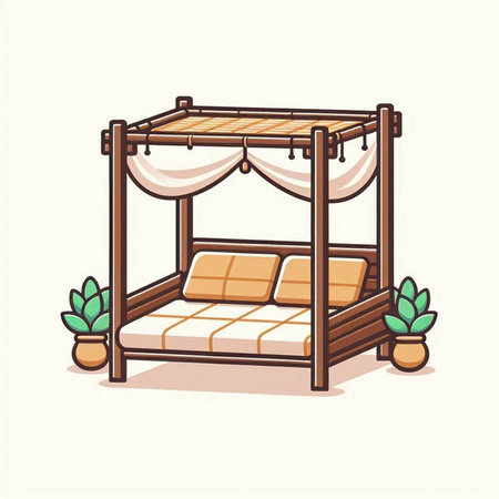 Illustration of a wooden bed with a canopy. Vector illustration.のイラスト素材