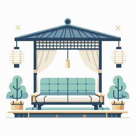 Illustration of a cozy sofa in the garden. Vector illustration.のイラスト素材