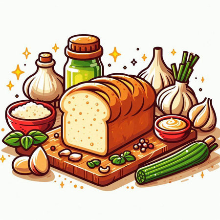 Illustration of a loaf of bread, garlic, olive oil and spicesのイラスト素材