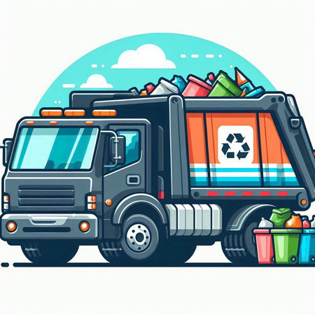 Garbage truck with garbage bags and trash bins. Vector illustration.のイラスト素材