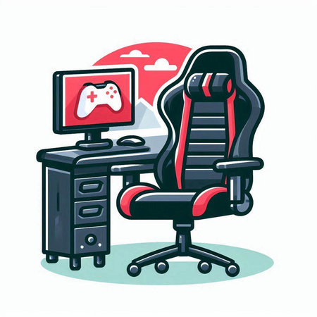 Cartoon illustration of an office chair with a computer and a gamepadのイラスト素材