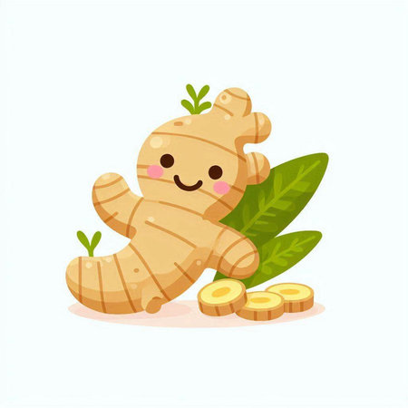 Ginger root and leaves isolated on white background. Vector cartoon character illustration.のイラスト素材