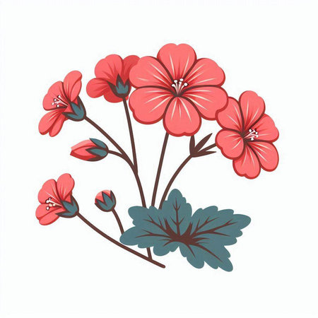 Red geranium flowers isolated on white background. Hand drawn vector illustration.のイラスト素材