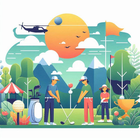 Golf course vector illustration in flat cartoon style. Golf club, golf ball, player, equipment, trees, field.のイラスト素材