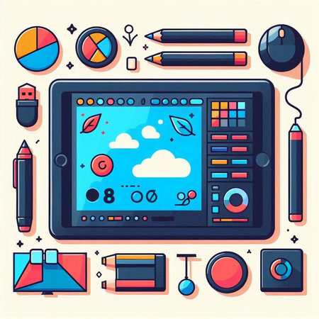 Vector illustration of a flat design of a computer monitor with a set of stationery.のイラスト素材