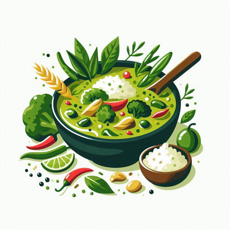 Illustration of a bowl of green curry with ingredients and spices.のイラスト素材