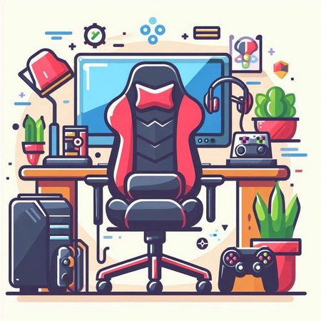 Vector illustration of gamer workspace in flat style. Video game player, joystick, headphones, mouse, keyboard, keyboard, mouse, mouse, mouse, keyboard, joystick, mouse, computer monitor. Design for web, site, printのイラスト素材