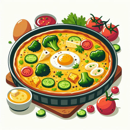 Illustration of a pizza in a frying pan with vegetables and eggsのイラスト素材