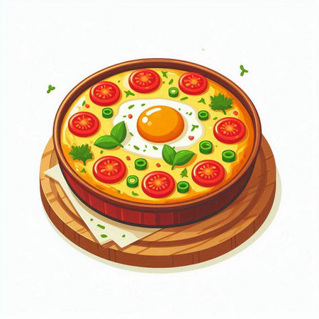 Fried egg with tomatoes and green peas on a round wooden boardのイラスト素材
