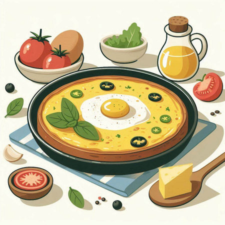Illustration of omelette with eggs, tomato, olives and basilのイラスト素材