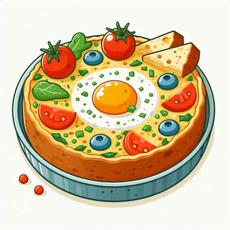 Illustration of a homemade pie with eggs, tomatoes and blueberriesのイラスト素材