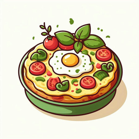 Illustration of pizza with egg, tomato and basil on white backgroundのイラスト素材