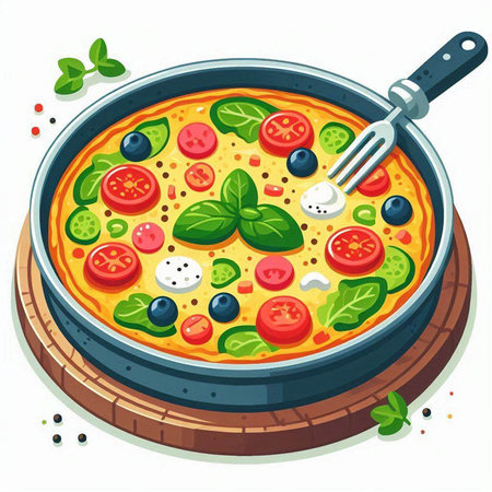 Pizza in a frying pan on a white background. Vector illustration.のイラスト素材