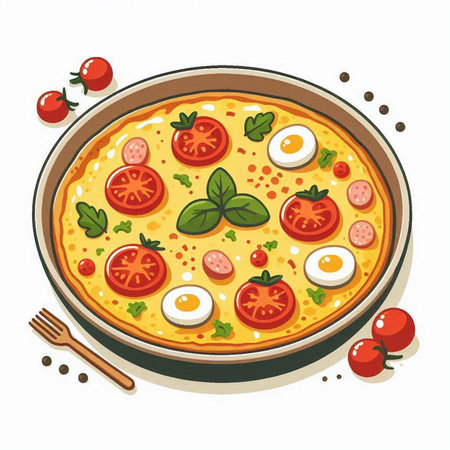Illustration of pizza with tomatoes, eggs and basil on a white backgroundのイラスト素材