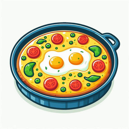 Fried eggs with vegetables in a frying pan. Vector illustration.のイラスト素材