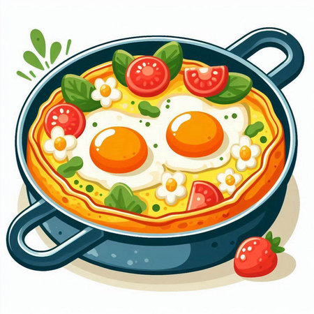 Cartoon illustration of omelette with fried eggs in a panのイラスト素材