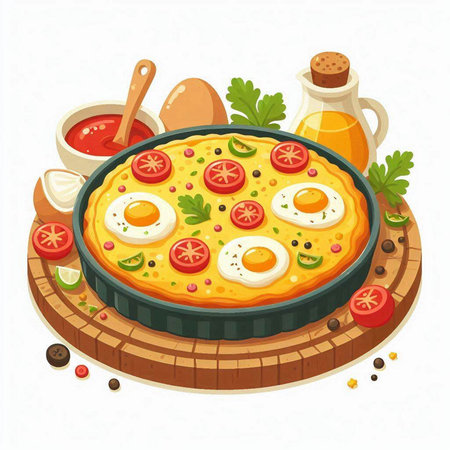 Omelette in frying pan with tomatoes, eggs and parsley. Vector illustration.のイラスト素材