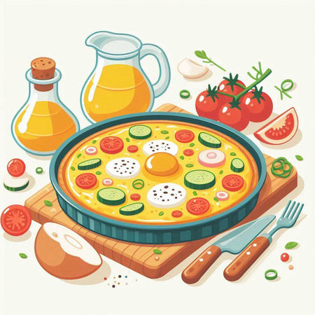 Fried eggs with vegetables in a frying pan. Vector illustration.のイラスト素材