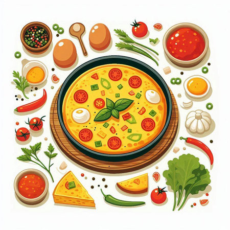 Vector illustration of pizza with ingredients on white background. Italian food.のイラスト素材