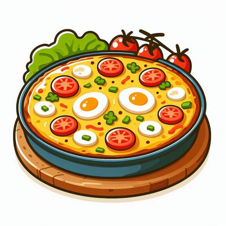 Illustration of a pizza with eggs and vegetables on a white backgroundのイラスト素材