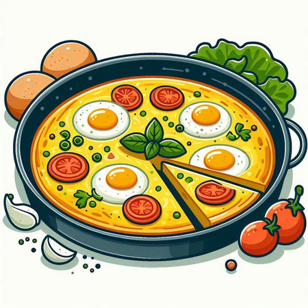 Illustration of a Fried Eggs with Tomato and Basil in a Panのイラスト素材