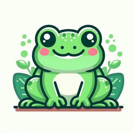 Cute green frog sitting on the ground and smiling. Vector illustration.のイラスト素材