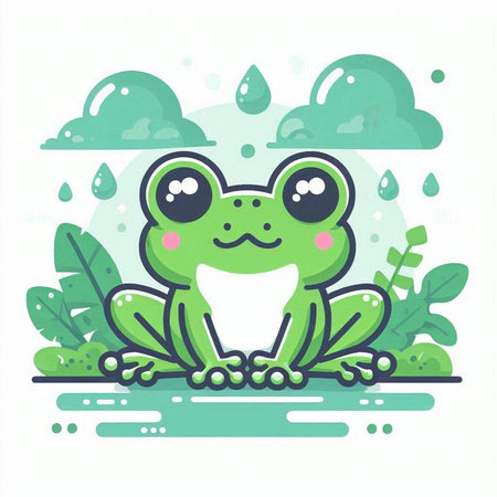 Frog in the rain. Cute cartoon character. Vector illustration.のイラスト素材